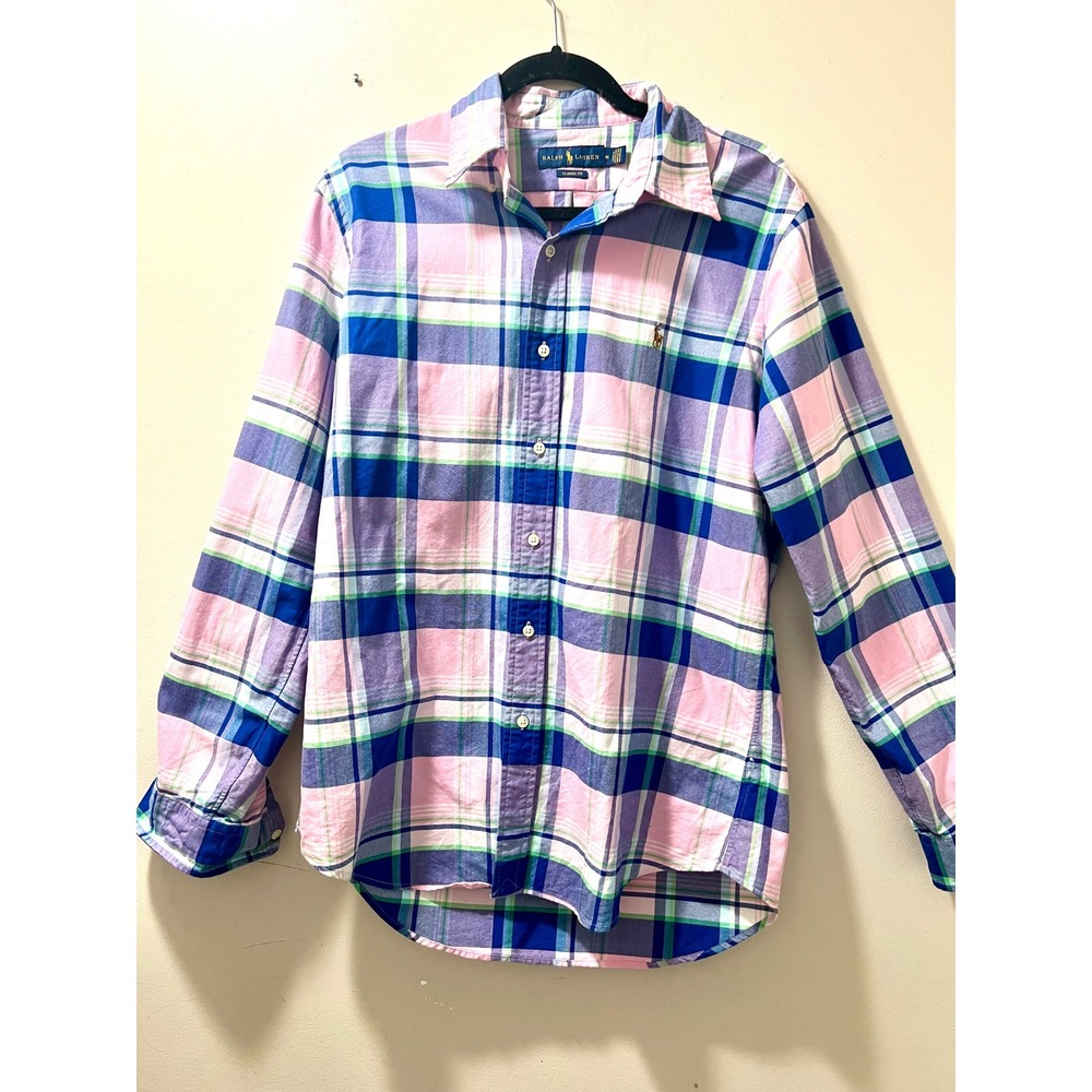 Ralph Lauren Classic Fit Plaid Oxford Shirt Mens Medium Pink Purple Blue M